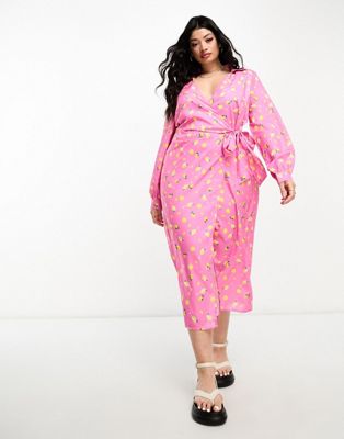 In The Style Plus Wrap Tie Side Midi Shirt Dress In Pink Print-multi