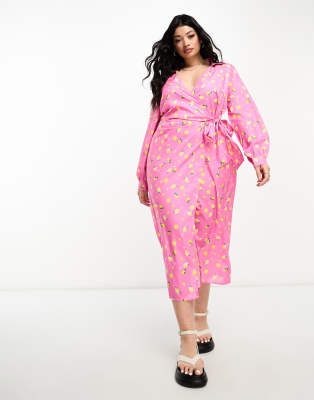 In The Style Plus wrap tie side midi shirt dress in pink print