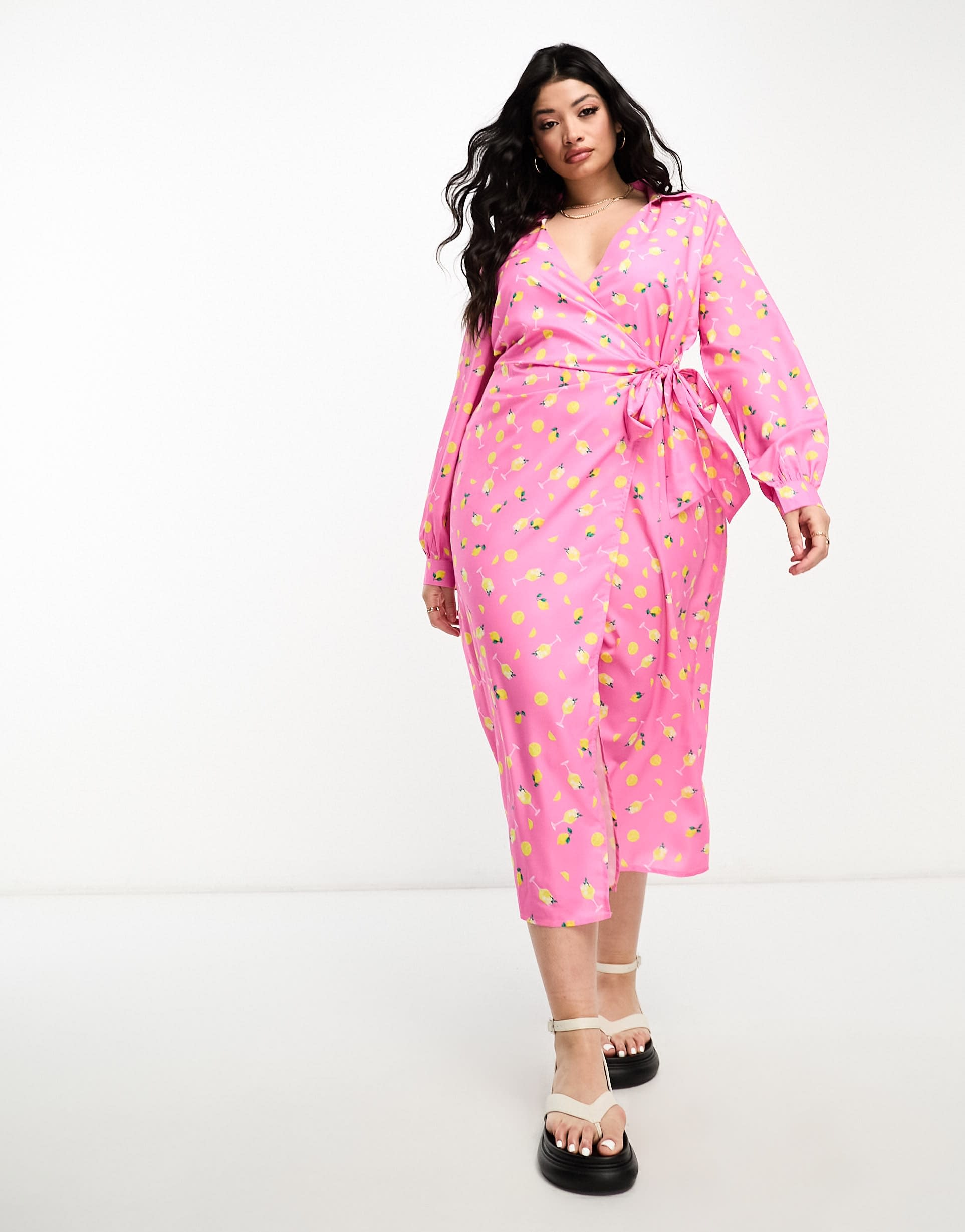 in the style plus wrap tie side midi shirt dress in pink print