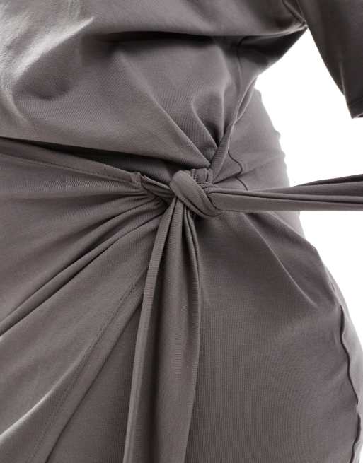 In The Style Plus wrap tie side mini t-shirt dress in charcoal, 2 of 4
