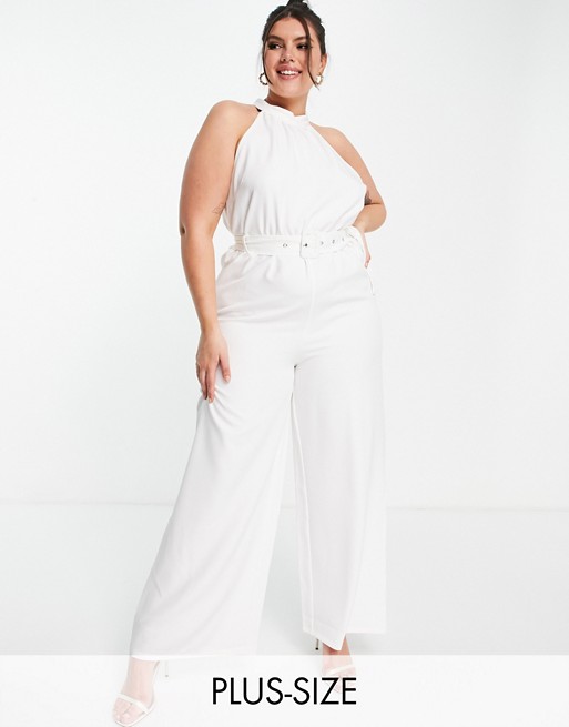 In The Style Plus x Billie Faiers collar detail wide leg jumpsuit in white