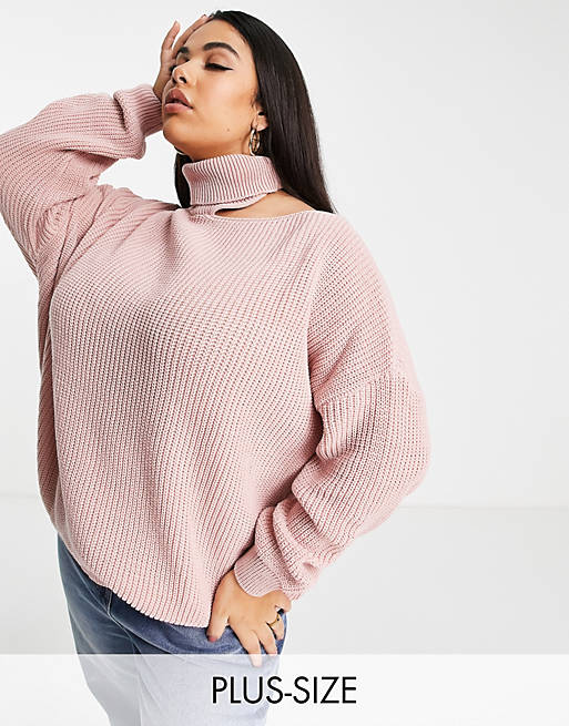 Women In The Style Plus x Billie Faiers cut out shoulder jumper in pink 