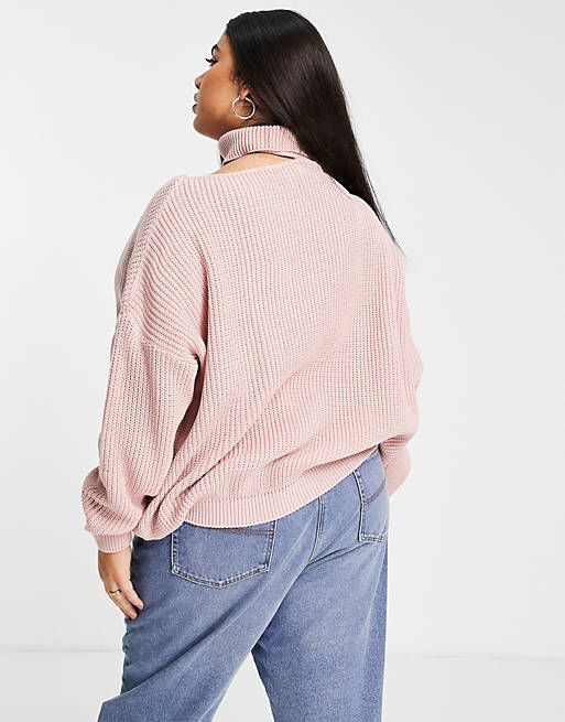 Women In The Style Plus x Billie Faiers cut out shoulder jumper in pink 