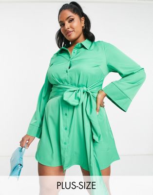 In The Style Plus x Billie Faiers exclusive shirt dress with belt detail in green