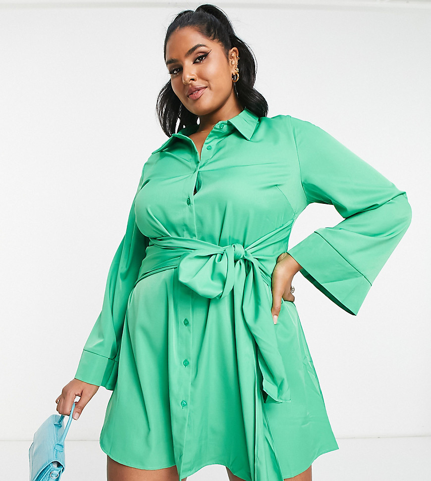 In The Style Plus x Billie Faiers exclusive shirt dress with belt detail in green