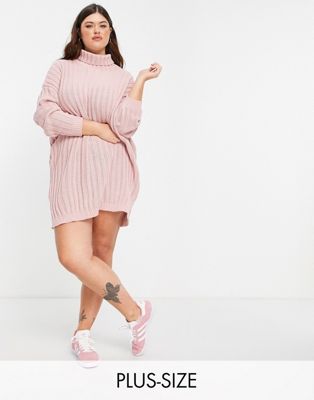 In The Style Plus x Billie Faiers knitted oversized roll neck jumper dress in pink