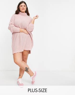 In The Style Plus x Billie Faiers knitted oversized roll neck jumper dress in pink