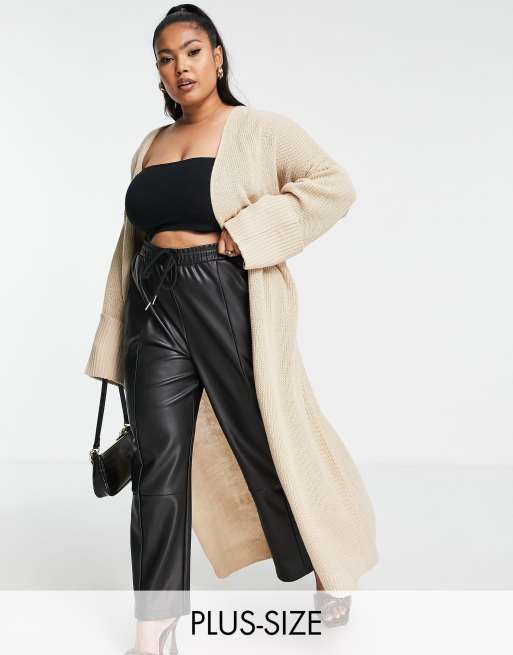 In The Style Plus x Billie Faiers longline cuff detail cardigan in stone 