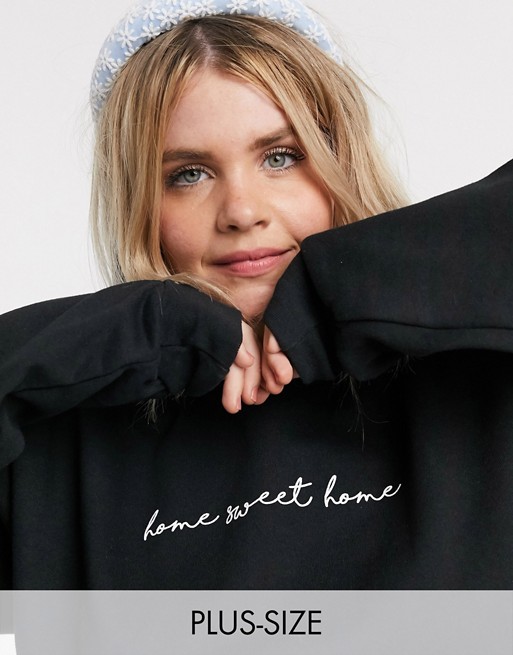 In The Style Plus x Billie Faiers loungewear motif slogan sweatshirt in black