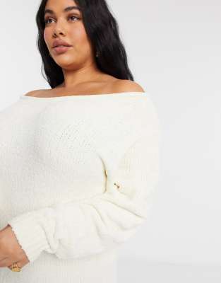 In The Style Plus x Billie Faiers - Off-shoulder trui-jurk in wit | ASOS