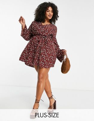 In The Style Plus x Billie Faiers pleated wrap front skater dress in brown floral print