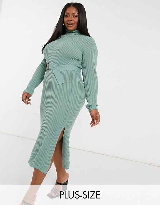 In The Style Plus x Billie Faiers roll neck knitted dress with belt in sage