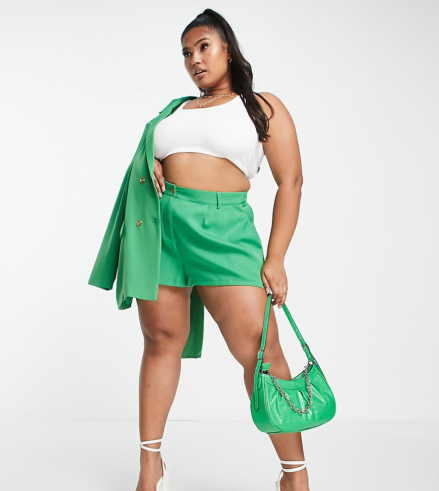 In The Style Plus x Billie Faiers tailored short co-ord in green