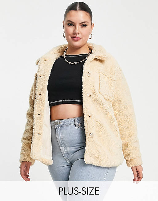 Coats & Jackets In The Style Plus x Billie Faiers teddy shacket in stone 