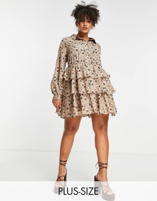 In The Style Plus x Billie Faiers tiered mini skater dress with volume sleeve in cream floral