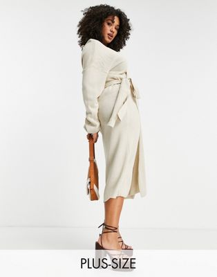 In The Style Plus x Carys Whittaker ribbed knitted wrap midi dress in stone