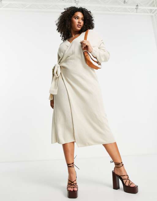 In The Style Plus x Carys Whittaker ribbed knitted wrap midi dress in stone