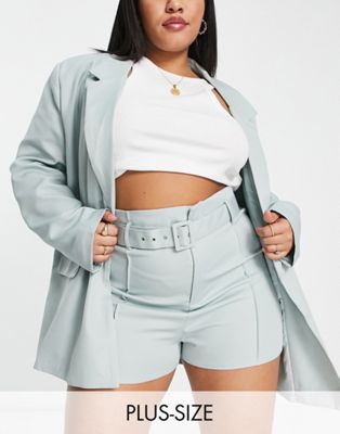 In The Style Plus x Dani Dyer high waist belted tailored short co ord in blue