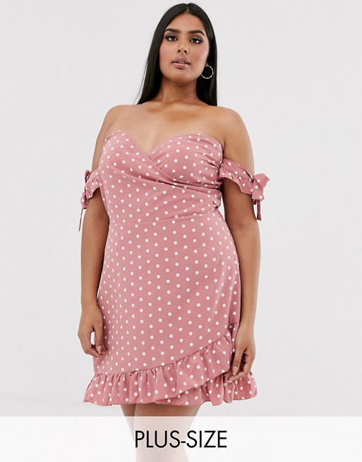 In The Style Plus x Dani Dyer off shoulder asymmetric mini dress in pink polka print