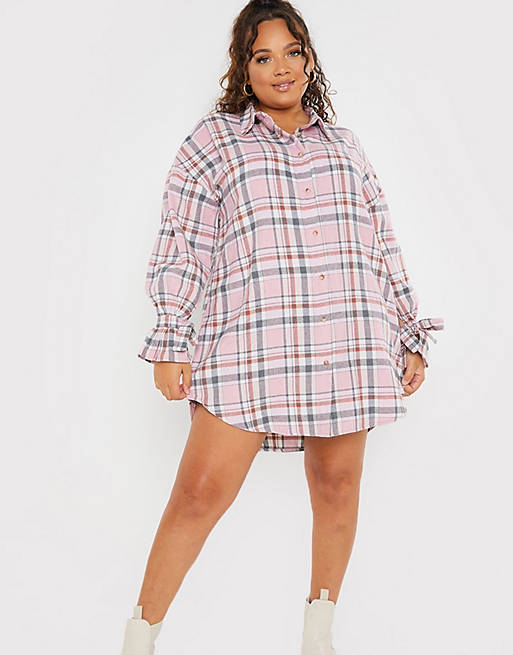 In The Style Plus x Dani Dyer ruched tie sleeve shirt dress in multi check print