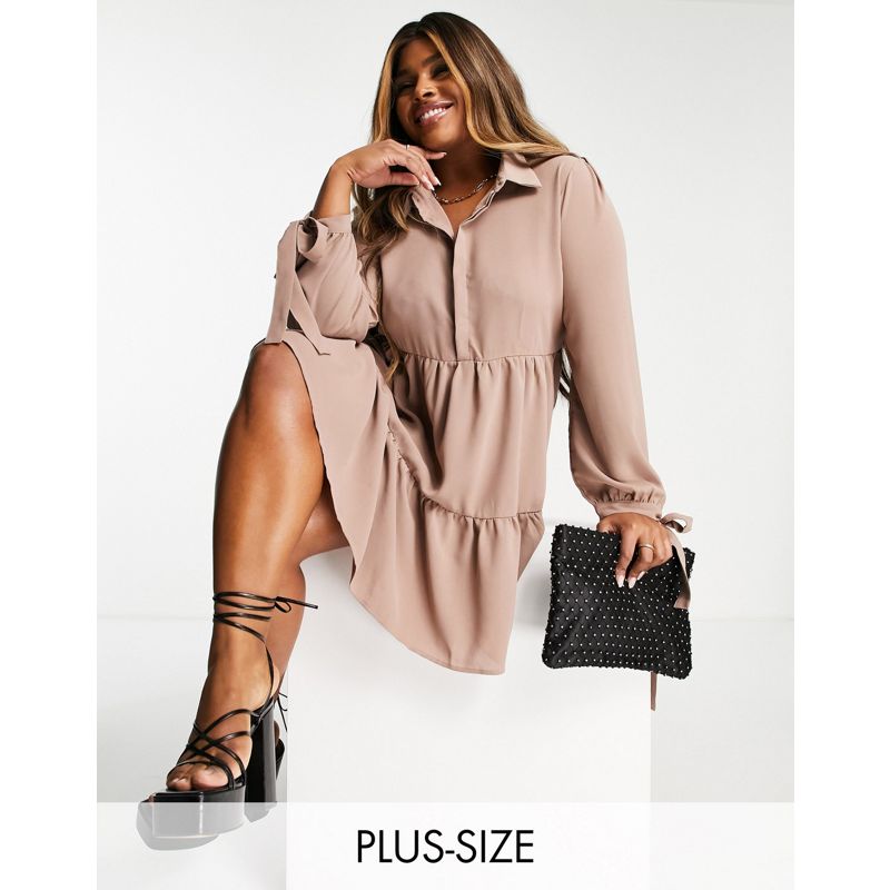 Donna yY1Vr In The Style Plus x Dani Dyer - Vestito camicia a balze con dettaglio fiocco sui polsini color tortora