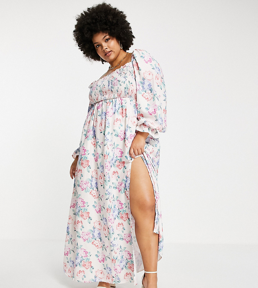 In The Style Plus x Elle Darby volume sleeve shirred bust detail maxi dress with thigh split in floral multi