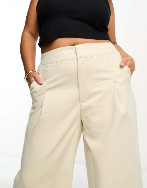 In The Style Plus x Gemma Atkinson high waist wide leg pants in beige, 3 of 4