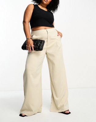 In The Style Plus x Gemma Atkinson high waist wide leg trouser in beige-Neutral