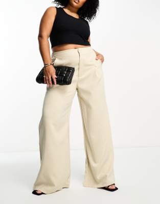 In The Style Plus In The Style Plus x Gemma Atkinson high waist wide leg trouser in beige-Neutral