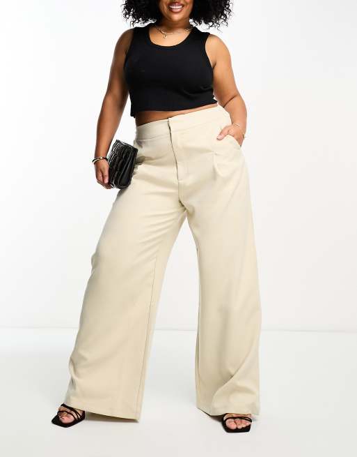 In The Style Plus x Gemma Atkinson high waist wide leg trouser in beige