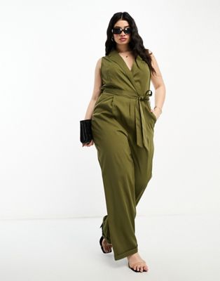 In The Style Plus x Gemma Atkinson tailored sleeveless tie belt detail jumpsuit in khaki-Green