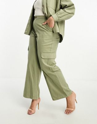 In The Style Plus x Gemma Atkinson utility cargo trousers co-ord in khaki