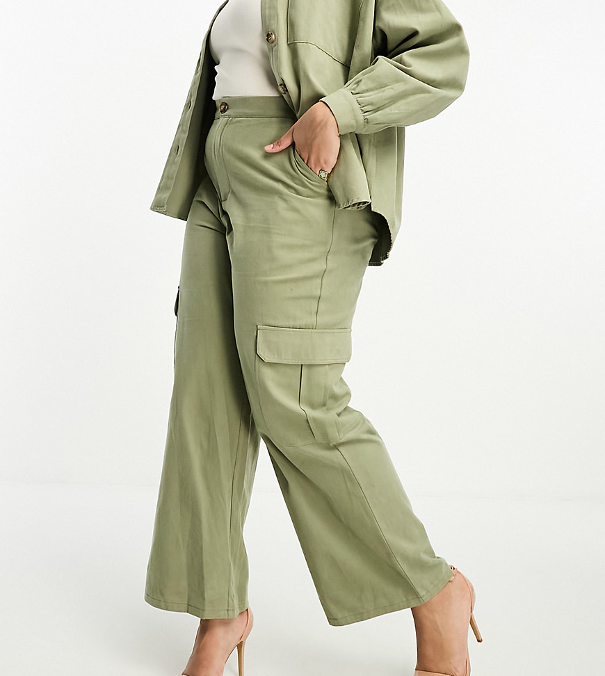 In The Style Plus x Gemma Atkinson utility cargo trousers co-ord in khaki-Green