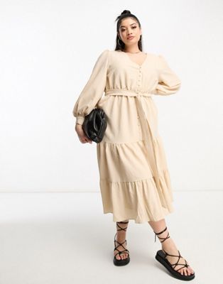 In The Style Plus x Georgia Louise tiered maxi dress with belt detail in cream - ASOS Price Checker