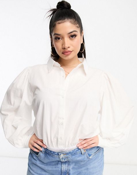 ASOS LUXE pussy bow puff sleeve lace top in white