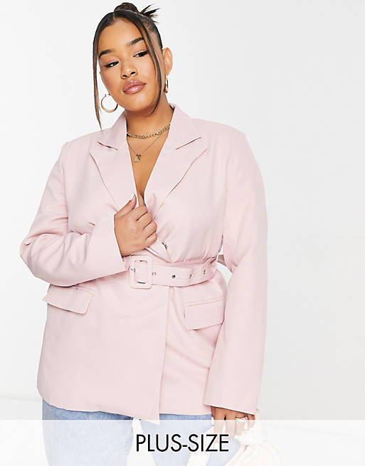 In The Style Plus x Jac Jossa blazer with belt detail in pink (part of a set)