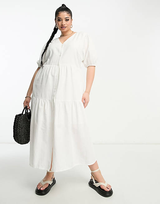 In The Style Plus x Jac Jossa button through tiered midi dress in white ...