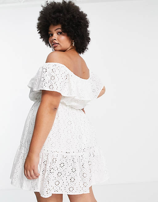 Women In The Style Plus x Jac Jossa embroidered off shoulder smock dress in white 