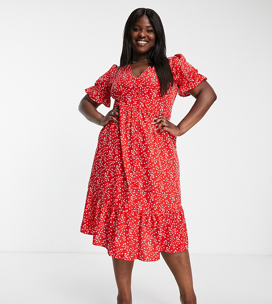 In The Style Plus x Jac Jossa exclusive button through puff sleeve midi dress in red ditsy print-Multi