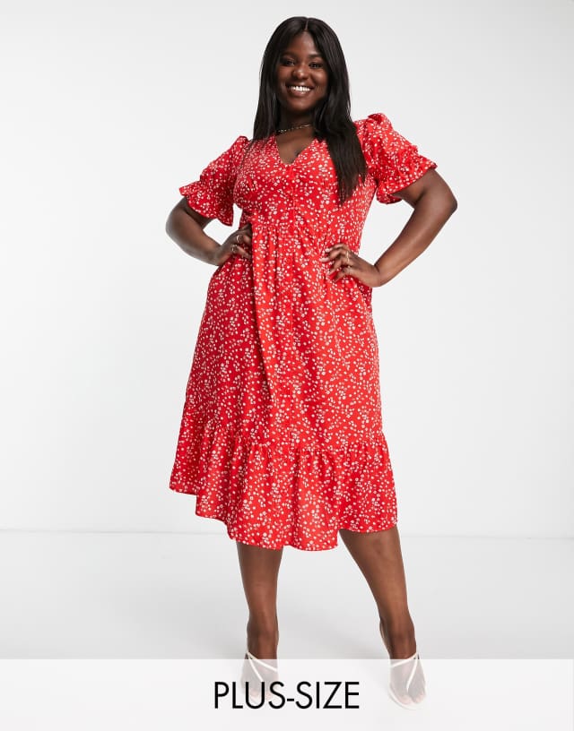 In The Style Plus x Jac Jossa exclusive button through puff sleeve midi dress in red ditsy print