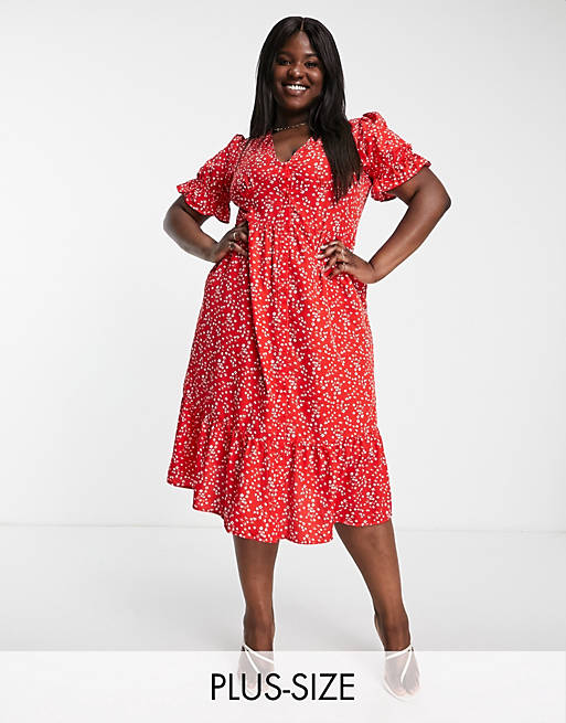 In The Style Plus x Jac Jossa - Exclusives - Midi-jurk met knoopsluiting, pofmouwen en fijne print in rood