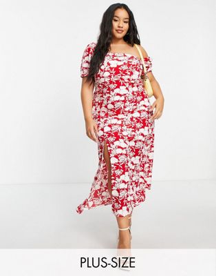 In The Style Plus x Jac Jossa flutter sleeve midi dress with thigh split in red floral print - ASOS Price Checker