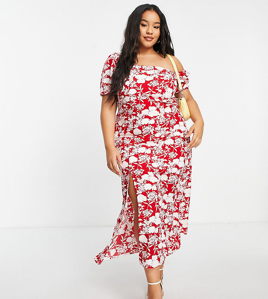 Plus-size dress by In The Style Collaboration with influencer Jacqueline Jossa Floral design Square neck Puff sleeves Thigh split Regular fit