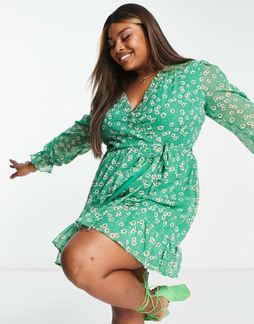 In The Style Plus x Jac Jossa frilly trim wrap tea dress in green daisy print ASOS