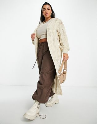 In The Style Plus x Jac Jossa knitted maxi cable knit chunky cardi in cream - ASOS Price Checker