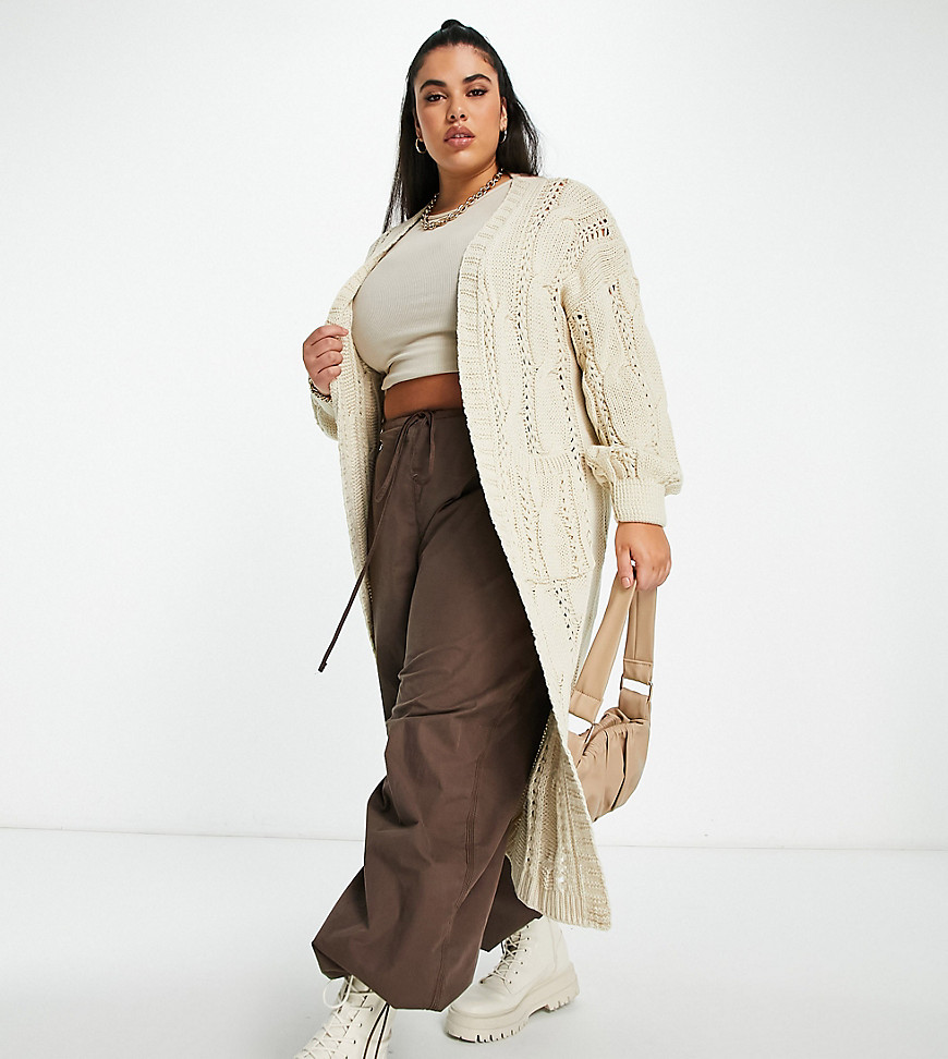 In The Style Plus x Jac Jossa knitted maxi cable knit chunky cardi in cream-White