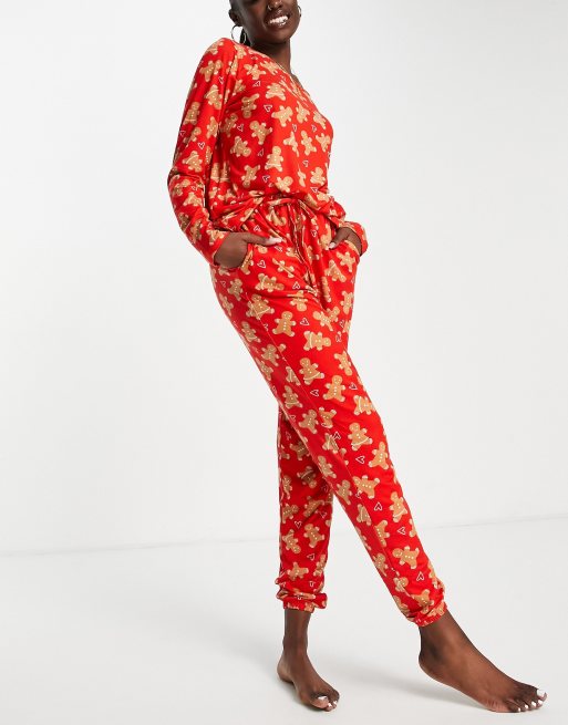 In The Style Plus x Jac Jossa - Nachtkleding - Set met top en broek met gingerbread-print in rood