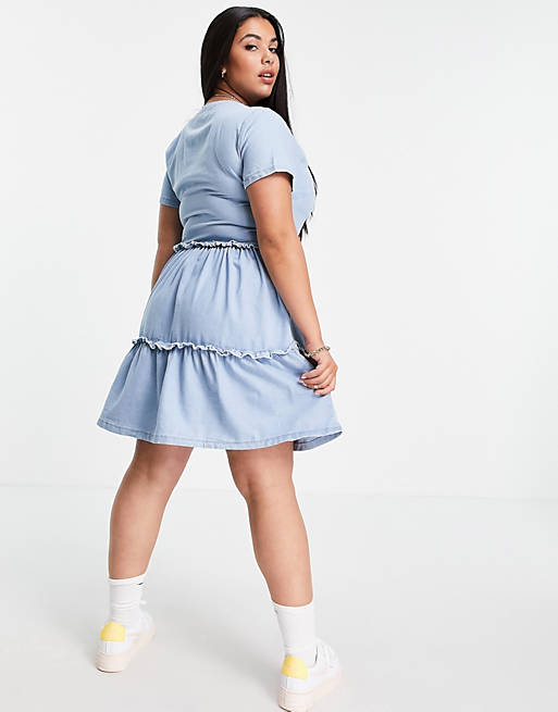  In The Style Plus x Jac Jossa puff sleeve button through mini smock dress in denim chambray 