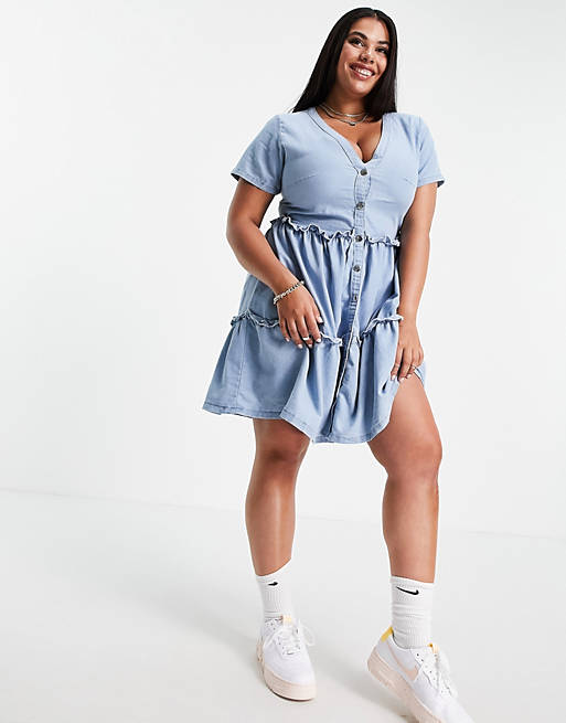  In The Style Plus x Jac Jossa puff sleeve button through mini smock dress in denim chambray 
