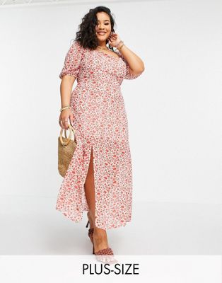 In The Style Plus x Jac Jossa puff sleeve maxi dress with thigh split in red floral print - ASOS Price Checker